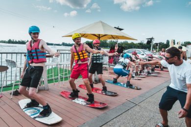 Teambuilding on wakeboards with colleagues