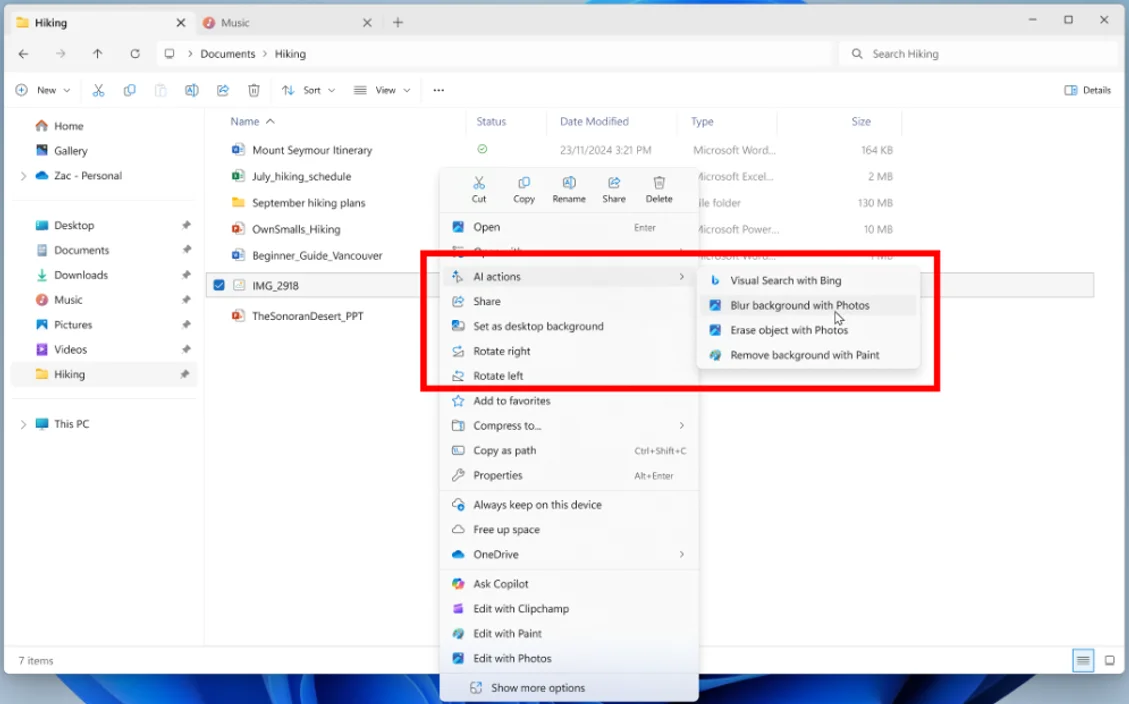 Prieskumník súborov vo Windows s novou kontextovou ponukou s umelou inteligenciou